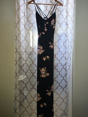 Nine Britton Black Floral Maxi Slip Dress with Strappy Criss Cross V-Back